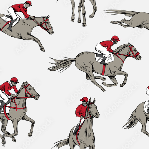 Seamless wallpaper pattern. The running beautiful horse and rider. Textile composition, hand drawn style print. Vector illustration. © Afishka