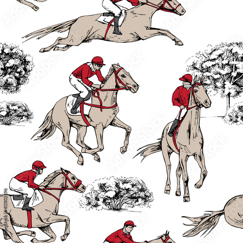 Seamless wallpaper pattern. The running beautiful horses, riders and trees and bushes. Textile composition, hand drawn style print. Vector illustration.