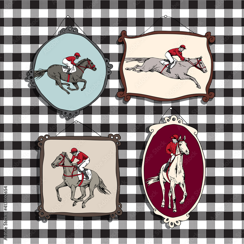 Seamless wallpaper pattern. The running beautiful horse and rider ...