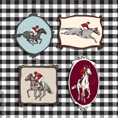 Seamless wallpaper pattern. The running beautiful horse and rider portrait in a different frames on a checkered background. Textile composition, hand drawn style print. Vector illustration.