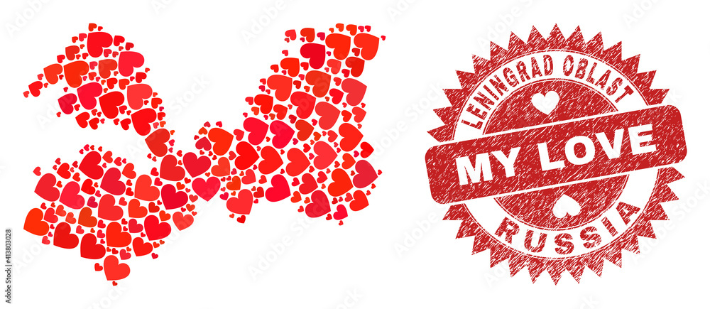Vector mosaic Leningrad Region map of love heart items and grunge My Love stamp. Mosaic geographic Leningrad Region map designed using love hearts. Vector mosaic Leningrad Region map of love heart items and grunge My Love stamp. Mosaic geographic Leningrad Region map designed using love hearts.