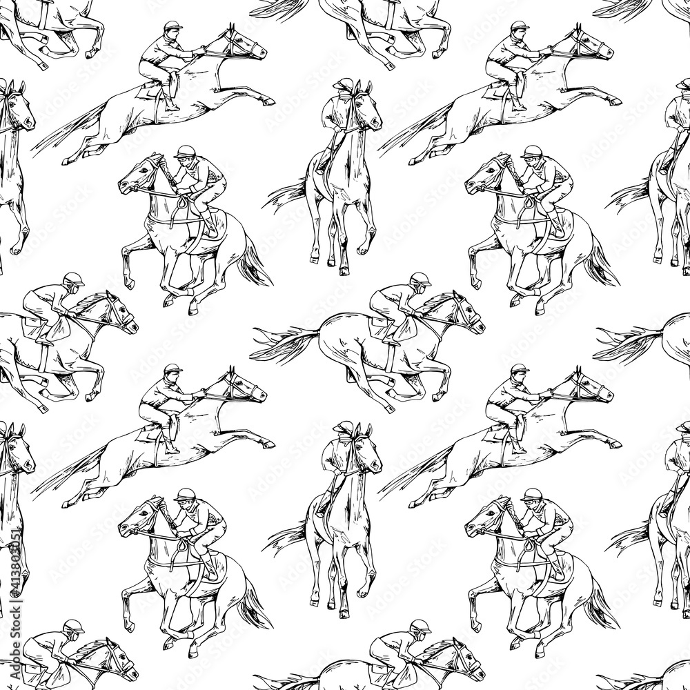 Seamless wallpaper pattern. The running beautiful horse and rider. Textile composition, hand drawn style print. Vector black and white illustration. Seamless wallpaper pattern. The running beautiful horse and rider. Textile composition, hand drawn style print. Vector black and white illustration.