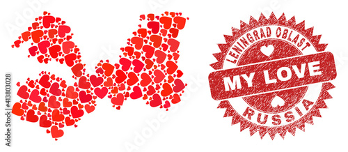Vector mosaic Leningrad Region map of love heart items and grunge My Love stamp. Mosaic geographic Leningrad Region map designed using love hearts.