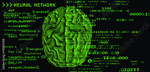 Human brain on the dark background with binary code. 3D illustration of the cerebrum made in refrofuturistic cyberpunk pixel art style.