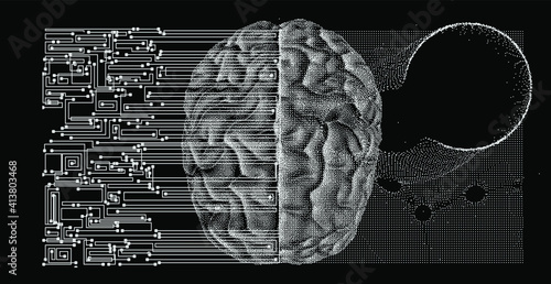 Surreal futuristic composition with printed circuit board and brain on the dark background. Sci-fi vector illustration made in pixel art style.