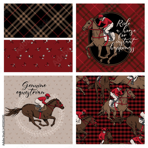 Set of print and seamless wallpaper patterns. The running beautiful horse and rider, checkered and floral background. T-shirt composition, hand drawn vector illustration.