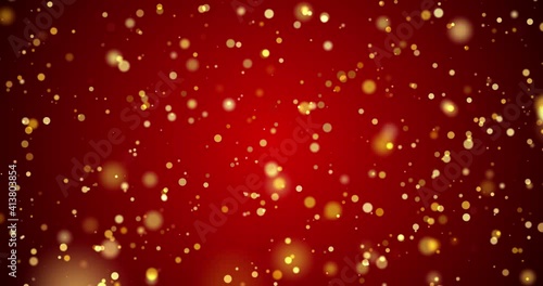 Abstract Shimmering Yellow Particles on Red Background. Festive Background with Particles with Bokeh. New Years, Christmas footage. 4K video