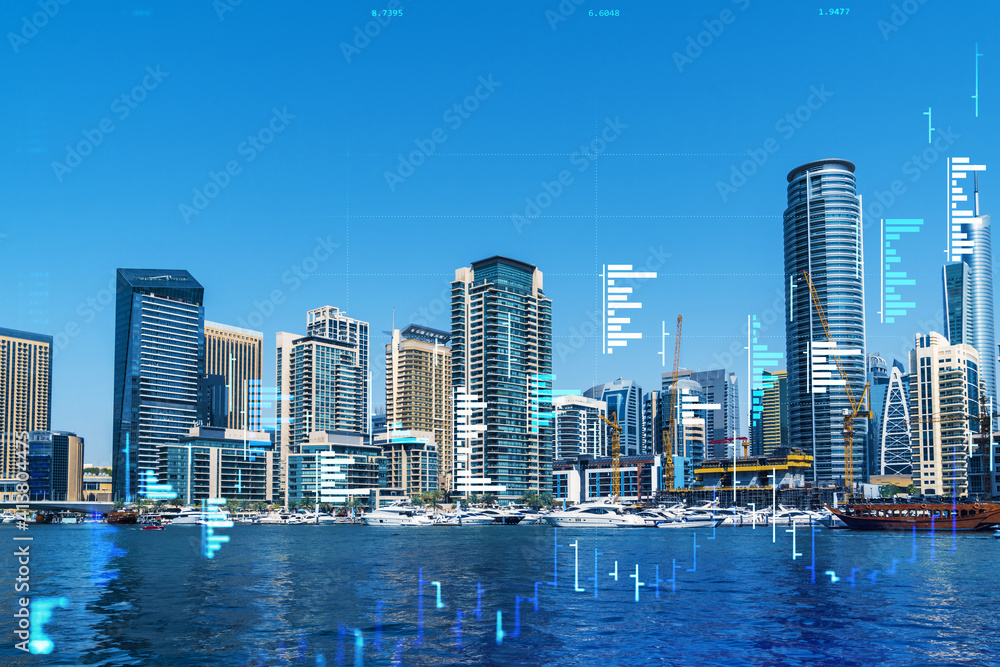 Naklejka premium Skyscrapers of Dubai business downtown. International hub of trading and financial services of Western Asia. FOREX graph and chart concept. Double exposure. Dubai Canal waterfront.