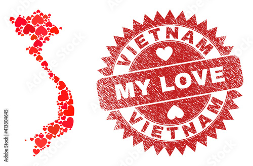 Vector collage Vietnam map of love heart items and grunge My Love seal. Mosaic geographic Vietnam map designed with love hearts. Red rosette seal with unclean rubber texture and my love tag.