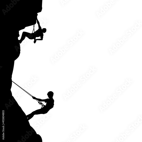 People climb on rock, black silhouette. Rock climber support partner on wall