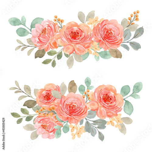 Pink orange roses bouquet collection with watercolor
