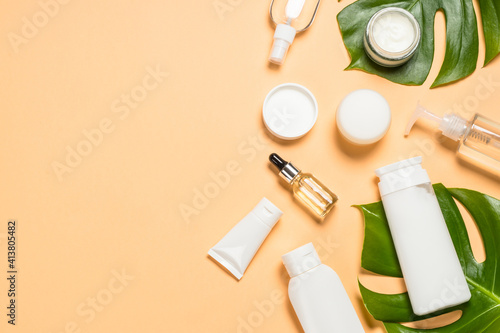 Natural cosmetic products. Cream, mask, serum bottle and lotion for skincare. Top view image with copy space.