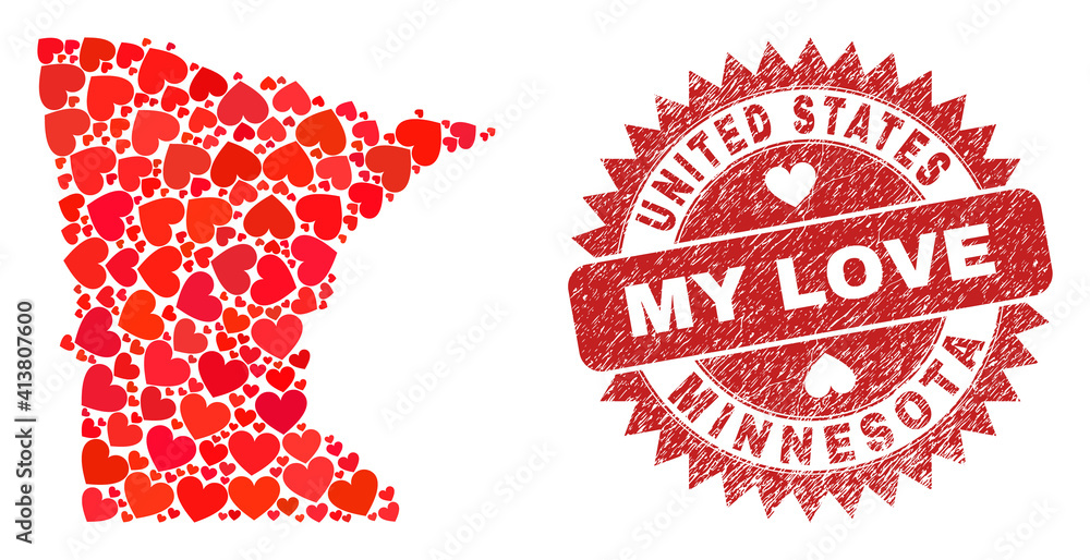 Vector collage Minnesota State map of valentine heart elements and grunge My Love stamp. Collage geographic Minnesota State map designed with valentine hearts. Vector collage Minnesota State map of valentine heart elements and grunge My Love stamp. Collage geographic Minnesota State map designed with valentine hearts.