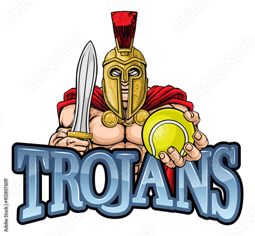 A Spartan or Trojan warrior Tennis sports mascot holding a ball