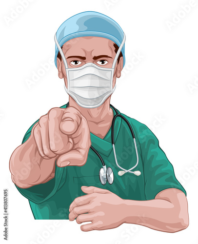 Canvas Print A nurse or doctor in surgical or hospital scrubs and mask pointing in a your cou