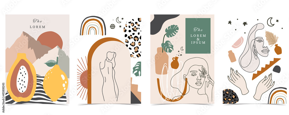 Collection of contemporary background set with woman,shape,rainbow.Editable vector illustration for website, invitation,postcard and poster