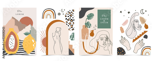 Collection of contemporary background set with woman,shape,rainbow.Editable vector illustration for website, invitation,postcard and poster