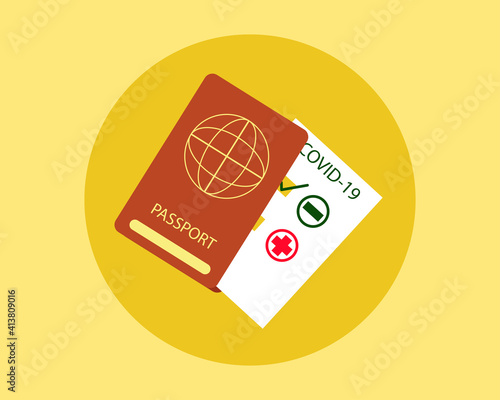COVID-19 Crisis concept: There are passport and Covid-19 Test paper. New normal after covid. Cartoon vector style for your design.