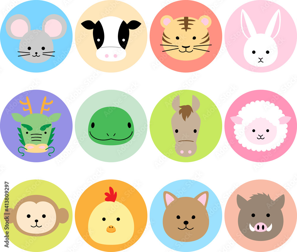 干支の動物のイラスト（カラー） Stock Vector | Adobe Stock