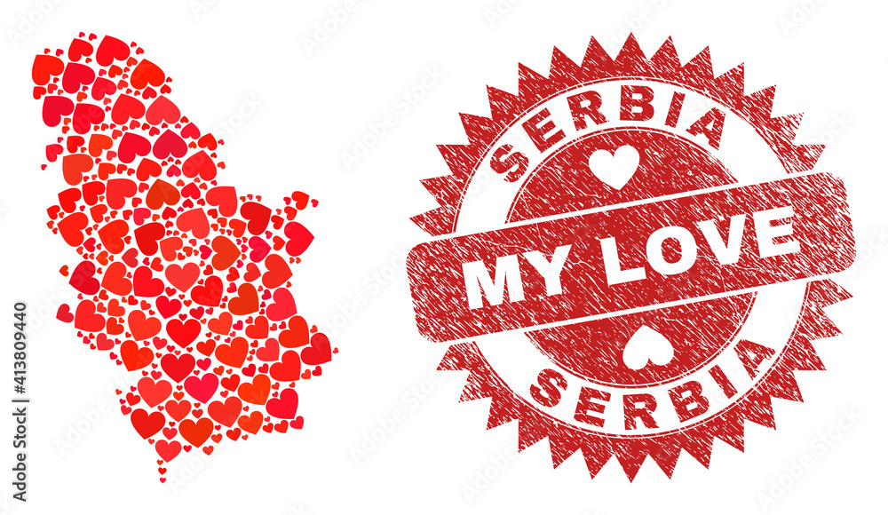 Vector collage Serbia map of love heart elements and grunge My Love badge. Mosaic geographic Serbia map constructed with love hearts. Red rosette badge with distress rubber texture and my love tag.