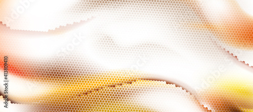 Soft yellow, orange abstract background textured by hexagons, futuristic technology, circle blurred interface with hexs. Perforated cover. Minimal composition with hex shapes. Vector illustration