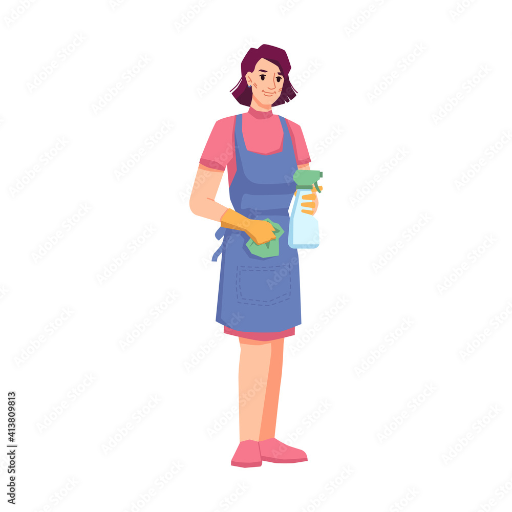 Woman from cleaning company using cloth, rubber gloves and detergent for tidying space. Isolated maid or janitor for home, hotel or office. Sanitary cleanliness. Cartoon character, vector in flat Woman from cleaning company using cloth, rubber gloves and detergent for tidying space. Isolated maid or janitor for home, hotel or office. Sanitary cleanliness. Cartoon character, vector in flat
