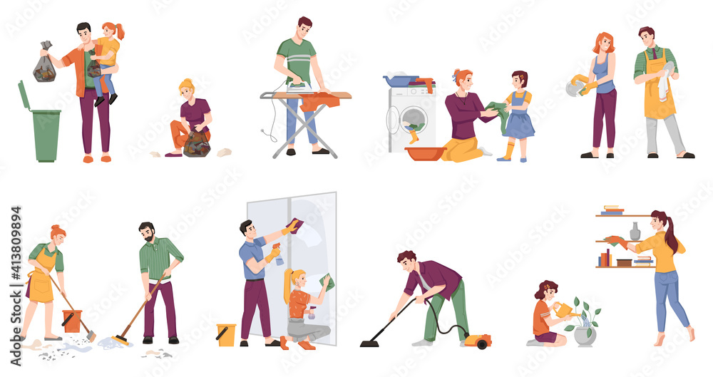 Cleaning people set isolated man and woman with children doing housework chores. Vector couple washing window, ironing, doing laundry, sweeping floor, watering plants, take out rubbish, vacuum cleaner
