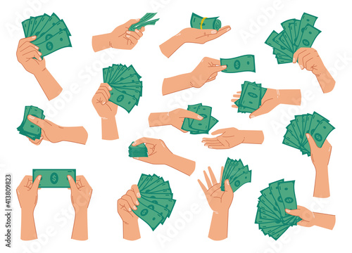 Green dollar banknotes in hands, isolated set of palms with paper money for paying. Giving loan, saving financial assets or exchanging, wealthy person with cash. Flat cartoon style vector illustration