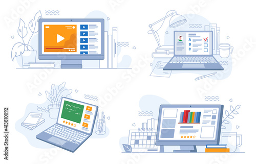 Online webinars trainings and work, e-learning set, flat cartoon. Vector video tutorials, tests on distance education, rating knowledge marks, studying and learning using modern computer technologies