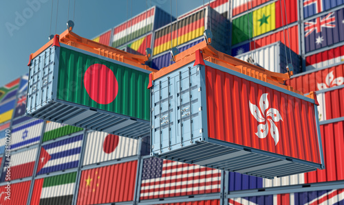 Freight containers with Hong Kong and Bangladesh flag. 3D Rendering 