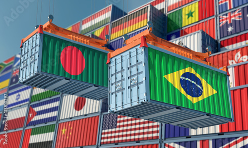 Freight containers with Brazil and Bangladesh flag. 3D Rendering 