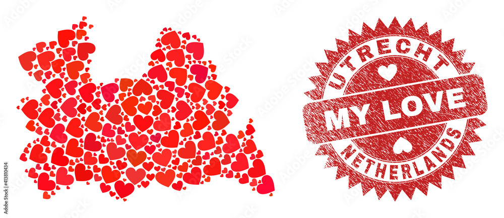 Vector collage Utrecht Province map of lovely heart elements and grunge My Love seal stamp. Collage geographic Utrecht Province map created with lovely hearts. Vector collage Utrecht Province map of lovely heart elements and grunge My Love seal stamp. Collage geographic Utrecht Province map created with lovely hearts.