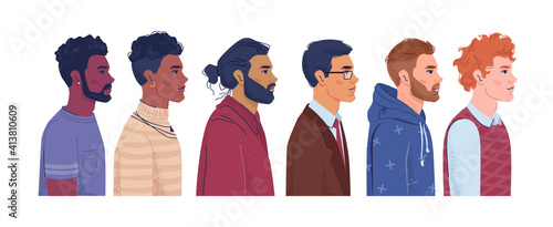 Multiracial men profile portrait of male characters of different nationalities and countries. Diverse community, social equality and ethnicity. Caucasian, afro american and arab cartoon vector