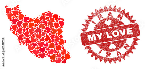 Vector collage Iran map of lovely heart elements and grunge My Love stamp. Collage geographic Iran map designed with love hearts. Red rosette stamp with grunge rubber texture and my love tag.
