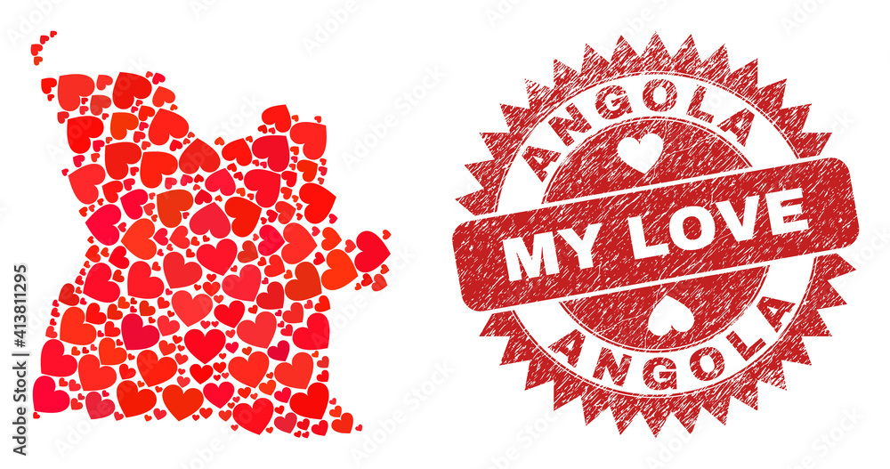 Vector mosaic Angola map of love heart items and grunge My Love stamp. Collage geographic Angola map constructed with valentine hearts. Vector mosaic Angola map of love heart items and grunge My Love stamp. Collage geographic Angola map constructed with valentine hearts.