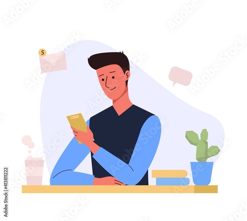Man sitting at the table with phone. Office workplace