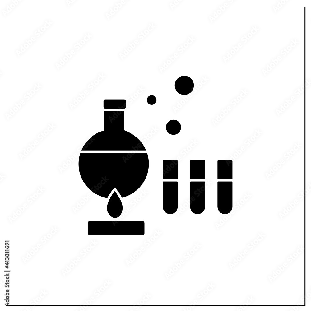 Obraz premium Producing vaccine glyph icon.Laboratorian research.Chemical formula.Cure search, vaccine development.Stop coronavirus pandemic.Covid-19 disease.Filled flat sign.Isolated silhouette vector illustration