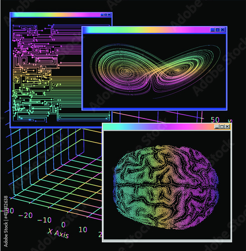 Futuristic sci-fi user interface with research data, Magnetic resonance imaging of the Human brain. HUD UI with callout bar labels, information boxes, digital data charts.