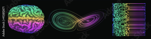 3D vector illustration of brain made of pixels and particles. Concept of neural network, neurology and neuroscience.