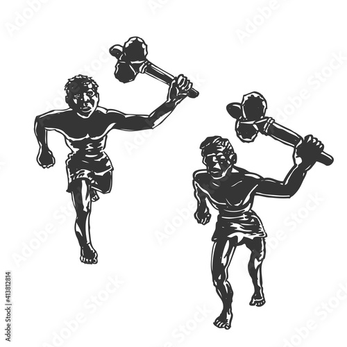 Two caveman, Neanderthal men with axes. Hand drawn sketch. Vector