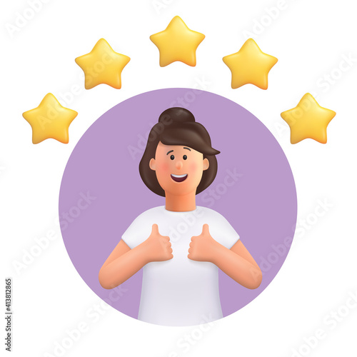 3D cartoon character. Young woman making good sign, shows gesture cool. Customer review rating and client feedback concept. Smiling cute brunette girl.  3d vector illustration.