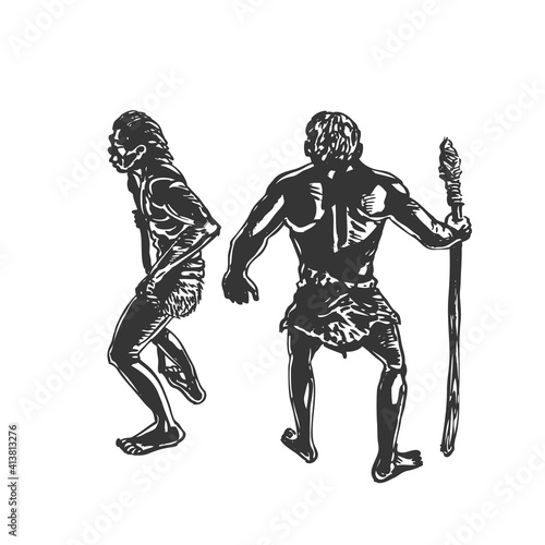 Caveman Pack, Savages or Neanderthals with Spear Sketch Drawing	