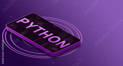 Python programming language on the phone screen with code elements, digital language 3d