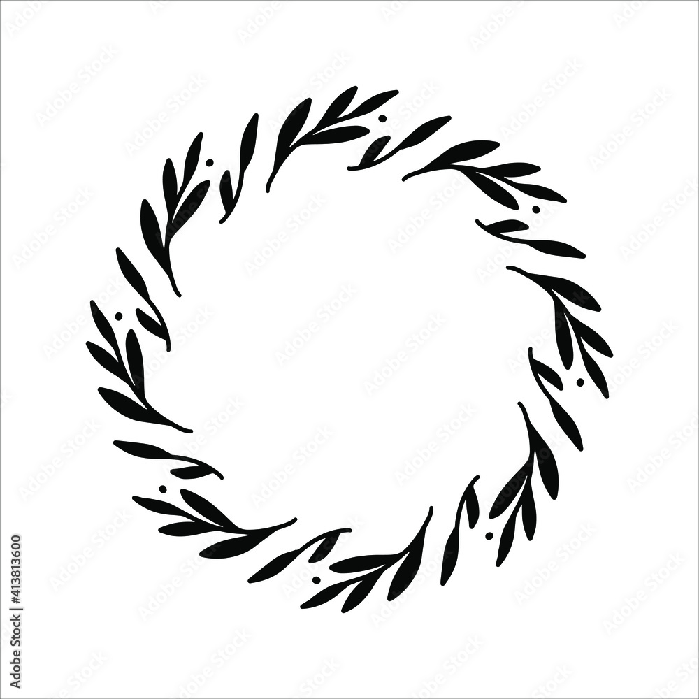 Vector hand drawn spring wreath isolated on white background. Silhouette circle of leaves. Doodle style. Floral frame. Vector hand drawn spring wreath isolated on white background. Silhouette circle of leaves. Doodle style. Floral frame.