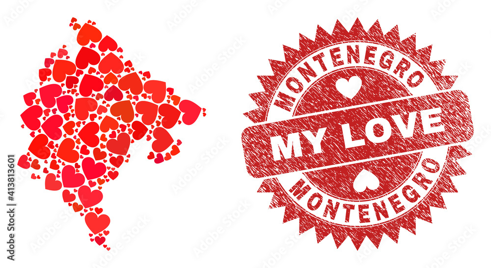 Vector mosaic Montenegro map of love heart items and grunge My Love stamp. Mosaic geographic Montenegro map constructed with valentine hearts. Vector mosaic Montenegro map of love heart items and grunge My Love stamp. Mosaic geographic Montenegro map constructed with valentine hearts.