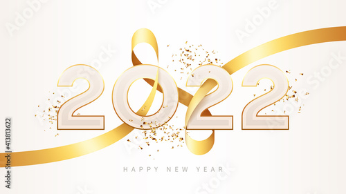 2022 Happy New Year banner. 2022 New Year holiday symbol template with golden gradient, golden satin ribbon and confetti. Vector illustration.