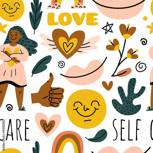 Cute hand drawn seamless pattern. Positive black woman, doodle funny elements. Love, self care, positive, happiness concept. Happy texture for print, textile, wrapping paper. Vector stock Eps pattern