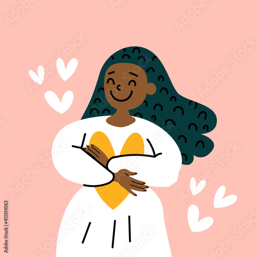 Positive black woman hugs yourself and a heart with care. Vector Eps stock hand drawn illustration. Love yourself, happiness, self care, love your body, confidence concept. Card: self support, believe