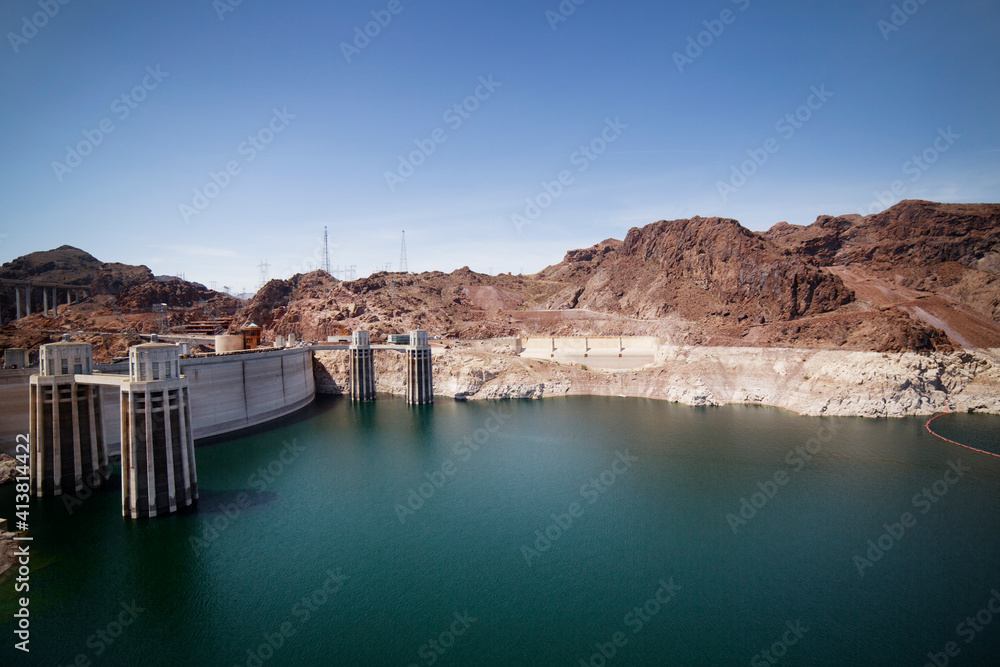 Idyllic view of Hoover dam against clear blue sky Idyllic view of Hoover dam against clear blue sky