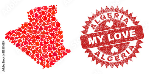 Vector mosaic Algeria map of love heart items and grunge My Love seal stamp. Mosaic geographic Algeria map designed using love hearts. Red rosette stamp with corroded rubber texture and my love tag.